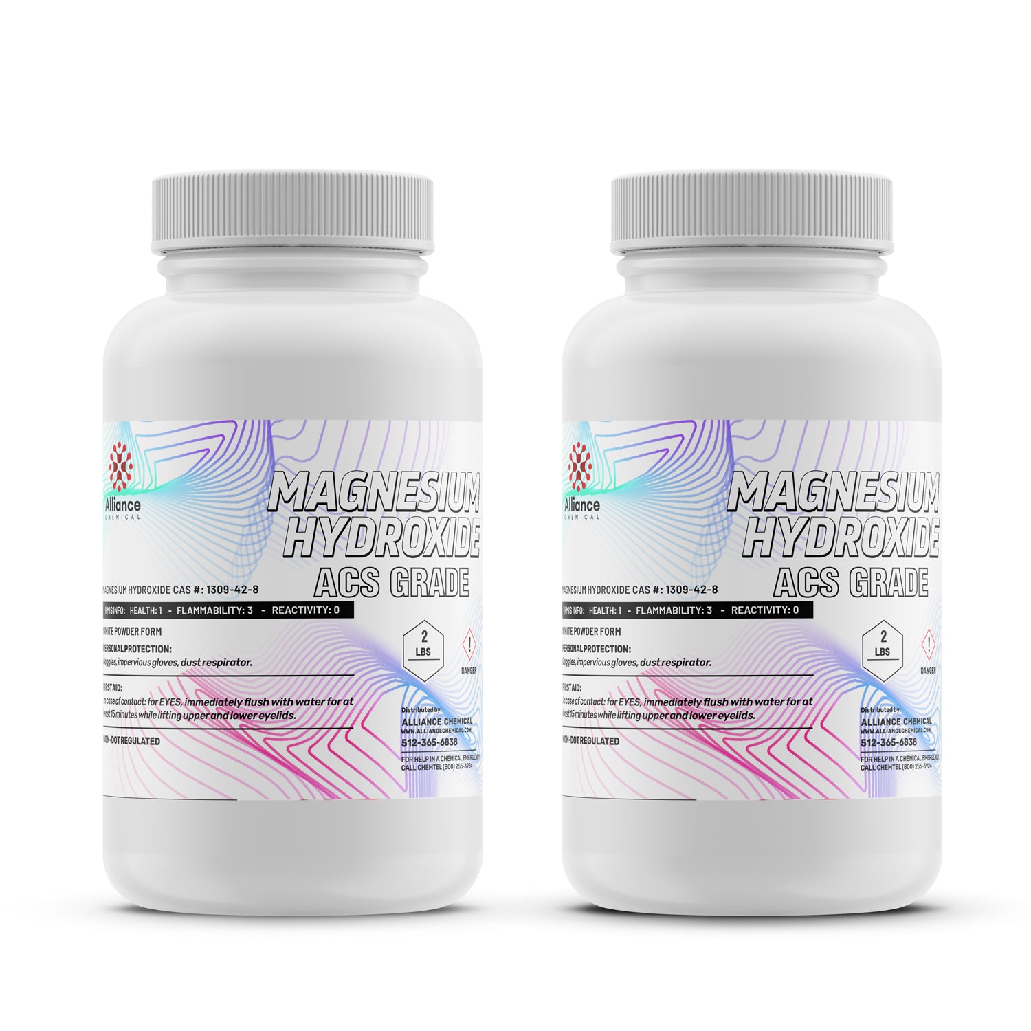 2lb Magnesium Hydroxide ACS Grade powder in white HDPE bottles, Alliance Chemical, CAS #1309-42-8, with health/flammability ratings and safety warnings, 2-pack.